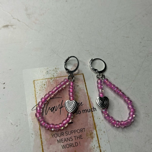 Pink Beaded Heart Earrings - Picture 3 of 3